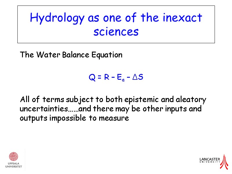 Hydrology as one of the inexact sciences The Water Balance Equation  Q =